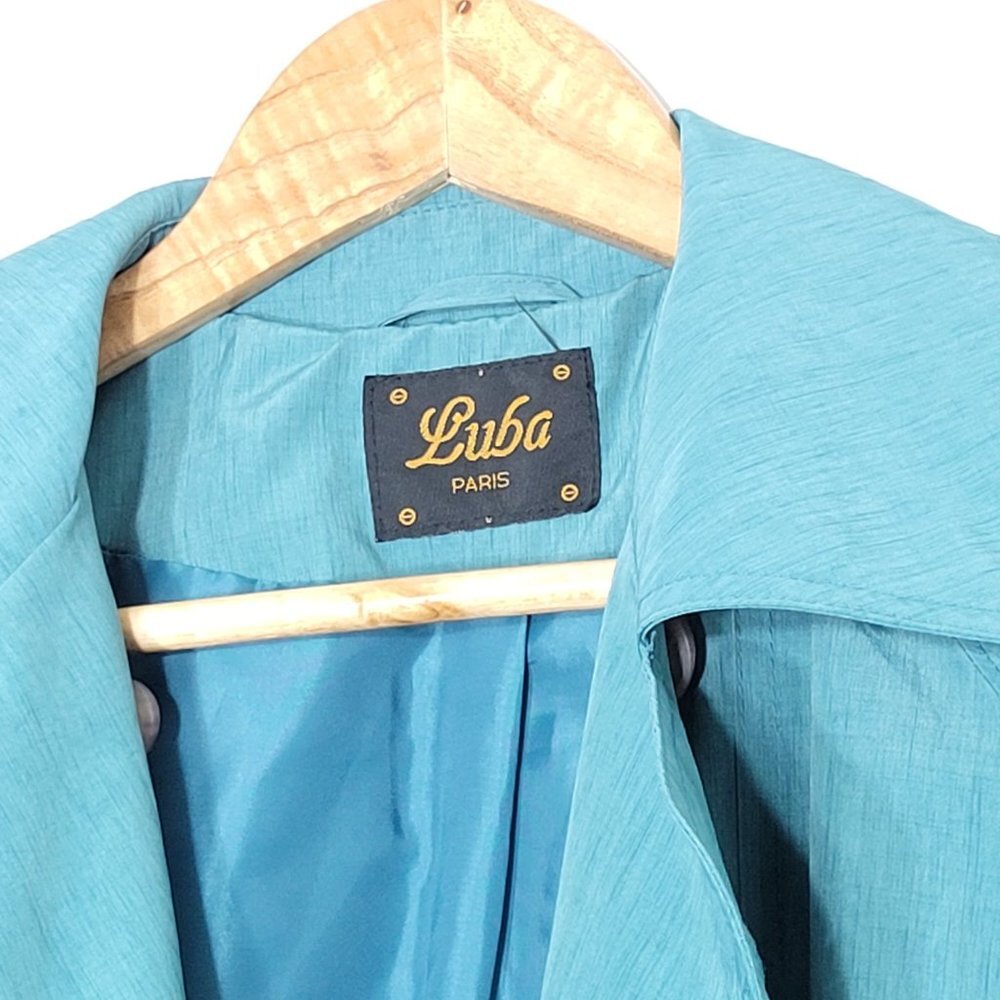 Luba Paris Vintage Teal Green Trench Double Breasted Tie Waist Retro Coat Classy - Picture 3 of 15